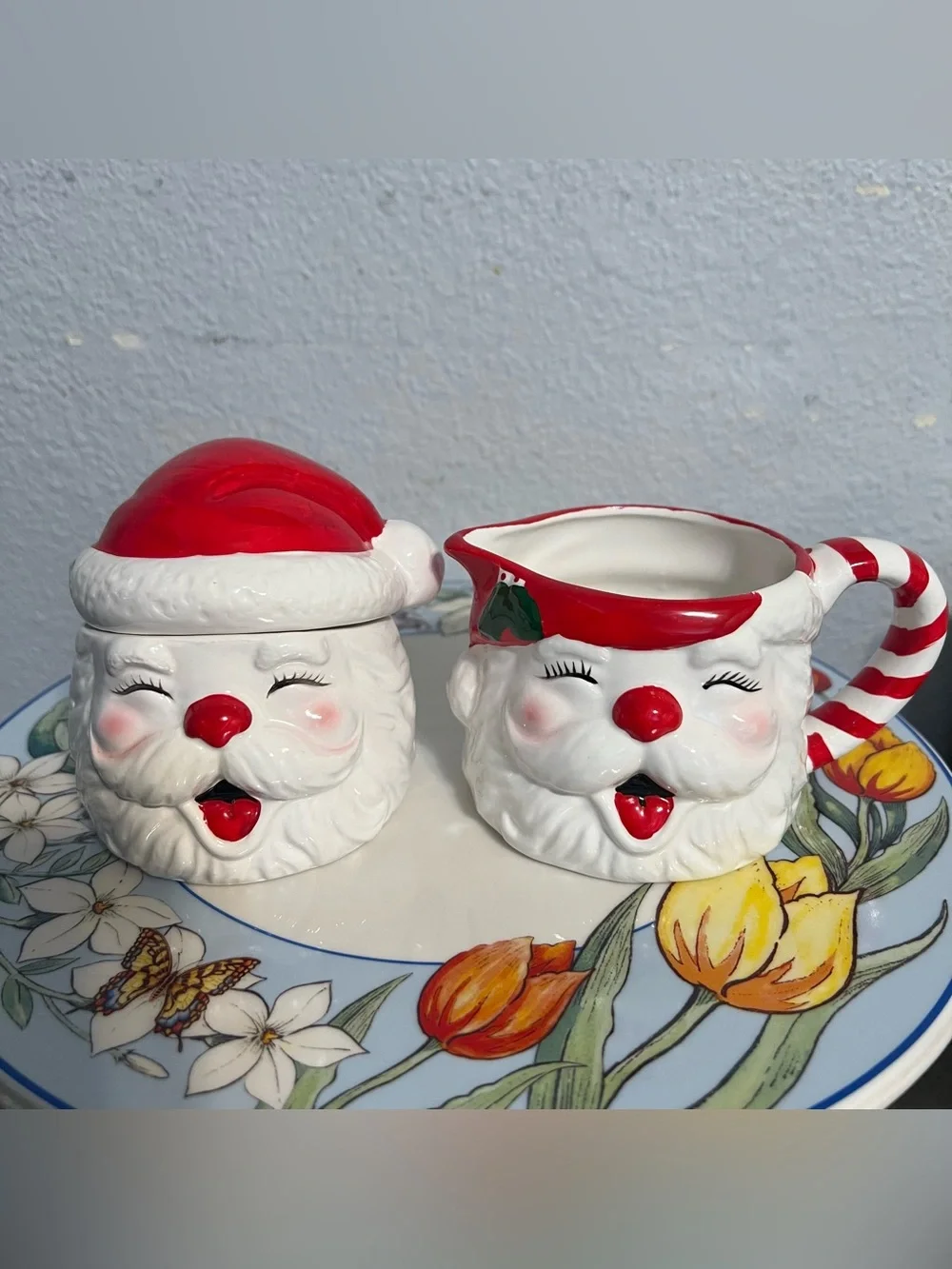 Ceramic Santa Creamer and Sugar Jar - Red & White